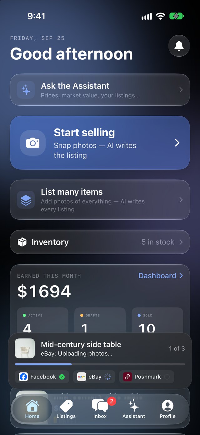 ListSync Home screen with a listing posting to eBay in the background