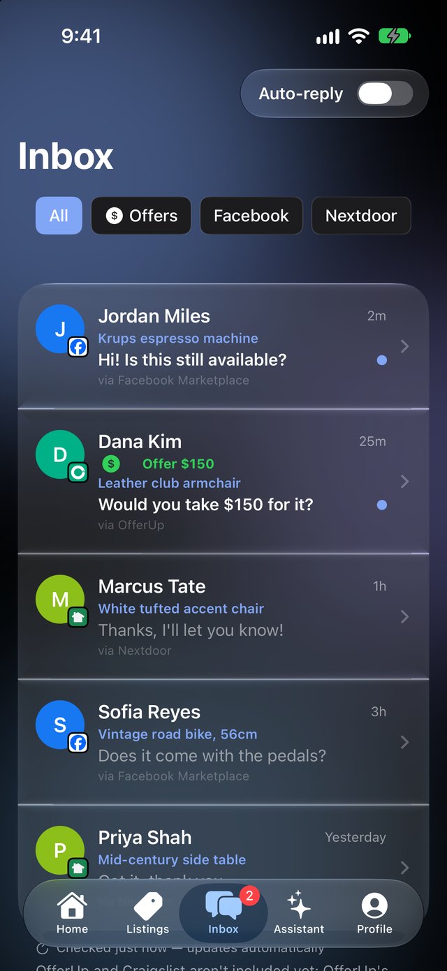 ListSync Inbox with buyer messages from three marketplaces