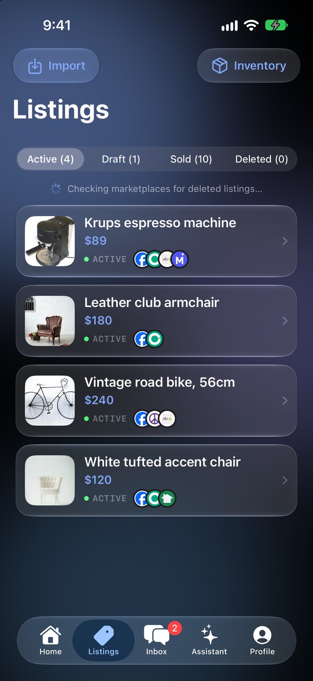 ListSync Listings screen showing where each item is live